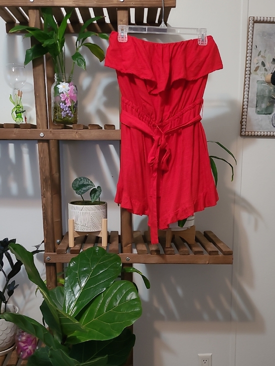 Cato Pants - Bright Red Strapless Linen Blend Romper